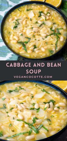 cabbage and bean soup in a black bowl with lemon slices on the side, next to it