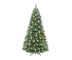 a green christmas tree with ornaments on it's top and bottom branches, in front of a white background