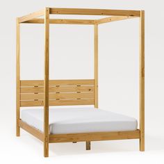 a wooden bed frame with white sheets and pillows on it, against a white background