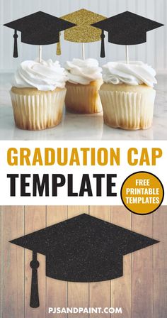 graduation cap cupcake toppers with white frosting and black tassels on them