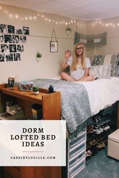 a woman sitting on top of a bed in a bedroom