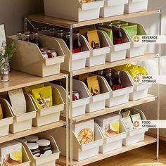 the shelves have bins with food and drinks on them, along with other storage containers