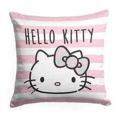 a pink and white pillow with a hello kitty design on the front that says hello kitty