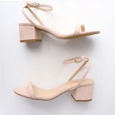 Lulus Exclusive! The Retro Vibes Of The Lulus Julie Light Nude Suede Ankle Strap Heels Are Totally All That! Soft, Vegan Suede Shapes A Peep-Toe Upper And A Slender Strap (With Gold Buckle) That Wraps Around The Ankle. 2" Wrapped Block Heel. Cushioned Insole. Rubber Sole Has Nonskid Markings. Gala Shoes, Pink Sparkly Heels, Sepatu Pump, Bridal Flat Sandals, Buat Pita, Taupe Heels, Basic Shoes, Ankle Strap Sandals Heels, Sparkly Heels