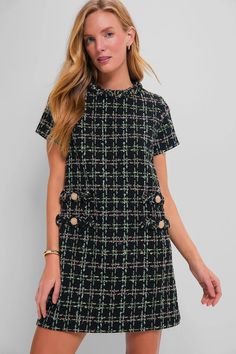 Holly Tinsel Tweed Short Sleeve Jackie Dress | Tuckernuck Jackie Dress, Tweed Shorts, The Shift, Black Tweed, Jackie O, Tweed Fabric, Fashion 2018, Textured Fabric, Gold Buttons