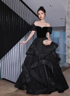 Black Velvet and Tulle Off Shoulder Long Formal Dress, Black Evening D – BeautyDressy Dresses Long Black, Prom Dresses Long Black, Party Dress Black, Princess Sleeves, Banquet Dresses, Black Evening Dresses, Party Dress Long, Dress Party, Evening Gown