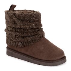 Tackle cold weather this season with Essentials by MUK LUKS Women's Laurel Boots. A classic ankle bootie with a decorative knit overlay and pull-on tab lets you slip into the plush comfort of these casual booties with ease. nWipe with a damp cloth to clean, no bleach, lay flat to dry. Imported.n- Treaded TPR Sole n- 100% Polyester Insole n- 100% Polyester Faux Suede Uppern-100% Acrylic Knit n- 100% Polyester Faux Fur Lining n- No Heeln- Water Resistant n- Multiple color options available n- Wome Women Essentials, Round Toe Heels, Winter Boots Women, True Religion Jeans, Ankle Bootie, Multiple Color, Dress And Heels, Brown Boots, Dress With Boots