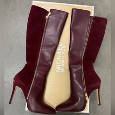 Mk Stilettos Boots Leather Merlot Color Great Conditions Normal Wear 4”Heel Wine Heels, Black Knee Boots, Merlot Color, Shoe Wishlist, Army Jacket, Cute Heels, Shoe Inspo, Black Knees, Boots Leather