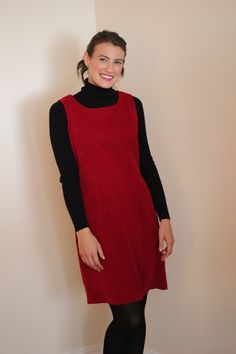 "**Dress appears more red in photos - it is more of a pinky-raspberry red colour - deeper than shown! We love a good pinafore jumper dress! This is perfect for the colder months to layer with some tights and a turtleneck! Fall is here!  Measurements Laid Flat: Bust: 17\" Waist: 15.5\" Hips: 16.5\" Length: 33.5\" Strap Width: 2.5\" Zipper up the back Excellent Condition Carefully hand washed  *I'm 5'1 and typically a size x-small/small *Please note this item is secondhand and vintage so minor sig Red Pinafore Dress, Red Sleeveless Mini Dress For Winter, Fitted Sleeveless Pinafore Dress For Fall, Red Sleeveless Dress For Winter, Red Sleeveless Dress For Fall, Sleeveless Burgundy Dress For Fall, Burgundy Sleeveless Fall Dress, Burgundy Sleeveless Dress For Fall, Red Pinafore