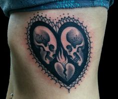 a woman's stomach with two skulls in the shape of a heart