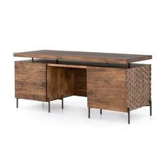 the desk is made out of wood and has two drawers on one side, with an open drawer at the top