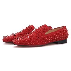 Red Loafer Red Rhinestones Rivets Flat Red Dress Shoes, Prom Men, Black Velvet Shoes, Party Flats, Red Loafers, Black Patent Leather Flats, Red Gothic, Mens Loafers, Sparkly Shoes