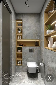 a bathroom with grey walls and wooden shelves