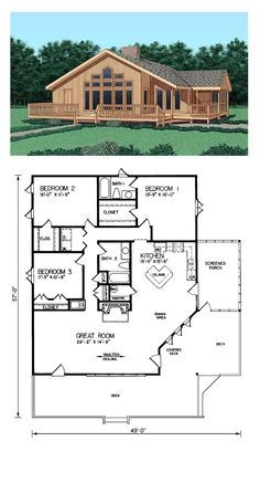 the floor plan for this log cabin home is shown in two different views, and it has