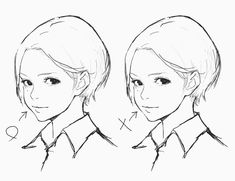 two drawings of the same woman's face, one with short hair and one without