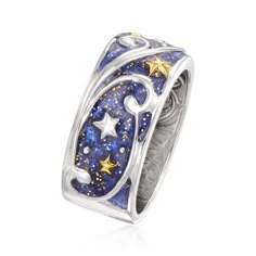 Ross-Simons - Glittery Blue Enamel Celestial Ring in Two-Tone Silver. Size 9. Filled with whimsical imagery, this celestial ring features sterling silver scrollwork and 18kt yellow gold over sterling silver stars atop a glittery blue enamel backdrop resembling the night sky. 3/8" wide. Glittery blue enamel celestial ring. Space Rings, Celestial Ring, Magical Jewelry, Funky Jewelry, Fantasy Jewelry, The Night Sky, Dream Jewelry, Blue Rings, Pretty Jewellery