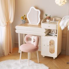 a white vanity with a pink chair next to it