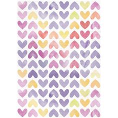 hearts are arranged in different colors on a white paper background with watercolor paint strokes