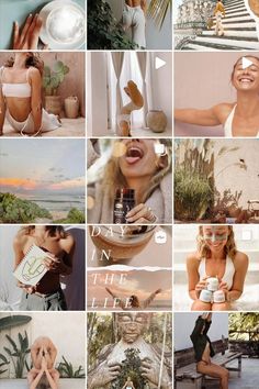 the collage shows many different pictures with women in bikinis and one is holding a bottle