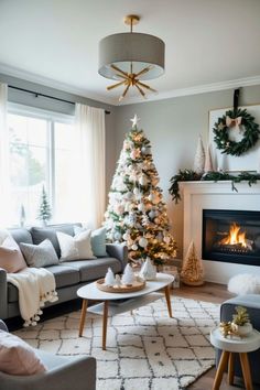 a living room with a christmas tree in the corner