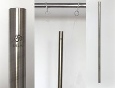 three different types of stainless steel items in various positions and sizes, including one pole with the letter g on it