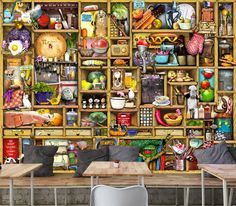 a kitchen wall mural with shelves full of food and cooking utensils on it