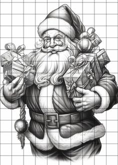 a black and white drawing of santa clause holding presents in one hand, with the other hand on his hip