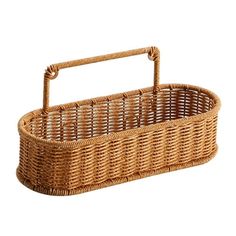 a wicker basket with handles on a white background