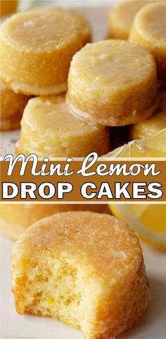 mini lemon drop cakes on a plate with lemons in the background and text overlay that says mini lemon drop cakes