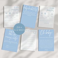 blue and white baby shower game cards with the words'20 + gameshow bigs'on them