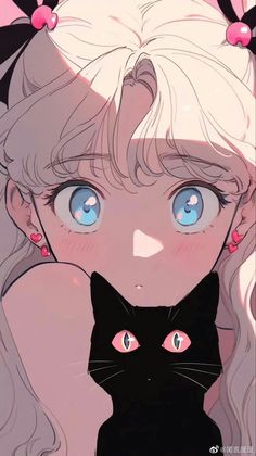 a girl with blonde hair and blue eyes holding a black cat