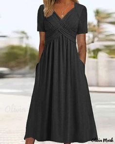 Color: black, Size: L(10-12) Plain Dress, Breezy Dress, Special Dresses, Midi Short Sleeve Dress, Look Plus, Belleza Natural, Outfit Casual, Types Of Skirts, Grey Fashion