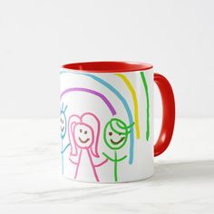 a red and white coffee mug with two children on it, one holding the other's hand