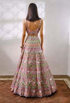 Green Vases Lehenga Set Fancy Indian Dresses, Indian Lehenga Modern, Lengha Modern, Modern Lehenga Designs, Aneesh Agarwaal, Colorful Lehenga, Green Vases, Indian Designs, Desi Outfits