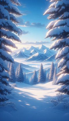 a painting of snow covered mountains and trees