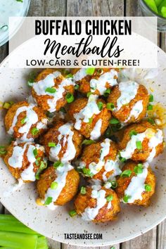 buffalo chicken meatballs in a bowl with ranch dressing on the side and text overlay reading buffalo chicken meatballs low - carb & glutenfree