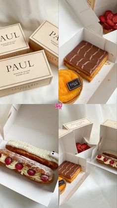 four different views of an open box with desserts in it