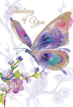 a greeting card with an image of a butterfly on it's wings, and the words thinking of you