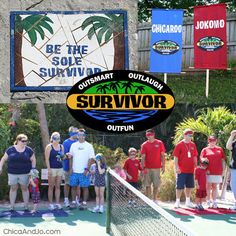 a group of people standing on top of a tennis court next to a sign that says survivor