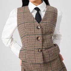 Cider Tweed Vest *Matching Skirt Available Houndstooth Tweed Dress For Work, Casual Winter Tweed Dress, Casual Tweed Dress For Fall, Cider Tops, Check Vest, Vest Outfits For Women, Tweed Vest, Check Skirt, Interview Outfit