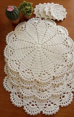 crocheted placemats and pot holders on a table with succulents