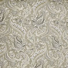 an image of a fabric with paisley designs on it's side, in grey and white