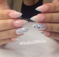 Sparkly White French Tip Nails Almond, Silver Sparkle French Tip Nails Almond, French Tip Acrylic Nails Almond Silver Glitter, Silver Glitter French Tips Almond, Silver Glitter Nail Designs Almond, Silver Wedding Nails, Graduation Nails, Manicure Nail Designs, Swarovski Nails