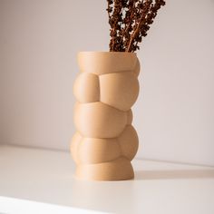 a vase with dried flowers in it sitting on a white shelf next to a wall