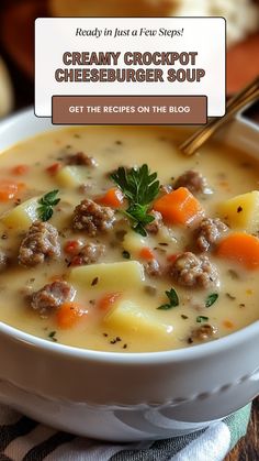 a bowl of creamy crockpot cheeseburger soup with carrots on the side