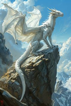 a white dragon sitting on top of a mountain