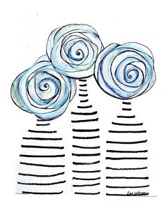 three blue flowers are in a vase on a white background with black stripes and lines