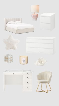 white furniture and accessories are arranged in the shape of a bed, desk, chair, dresser