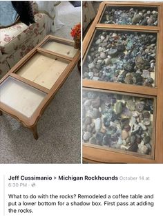 a table that has rocks in it on top of carpeted floor next to a couch