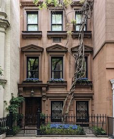 a tall building with many windows and plants growing on it's side, next to an iron fence